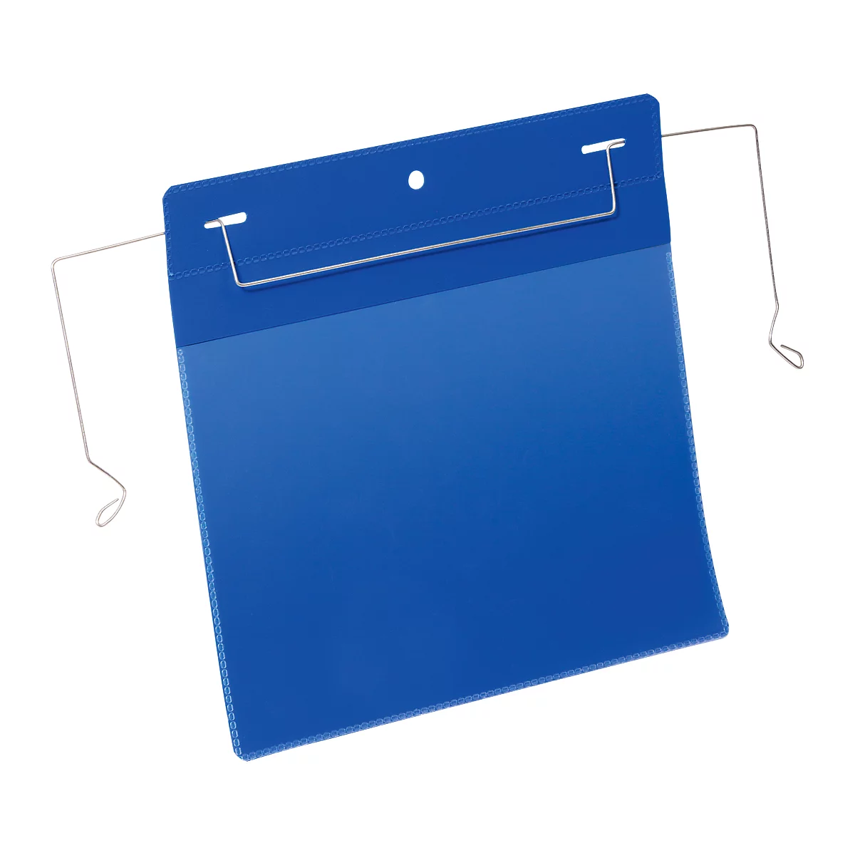 Etiqueta de nombre azul con soportes metálicos. La etiqueta tiene un agujero en la parte superior central.