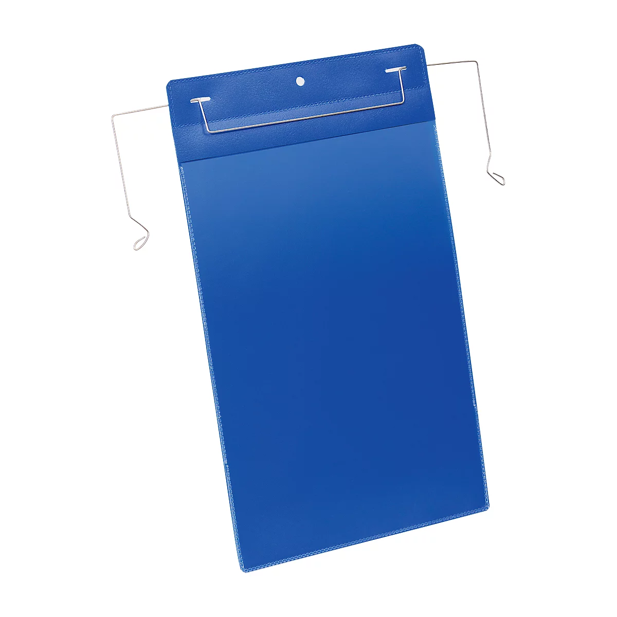 Portadocumentos azul con soporte metálico y agujero para colgar.