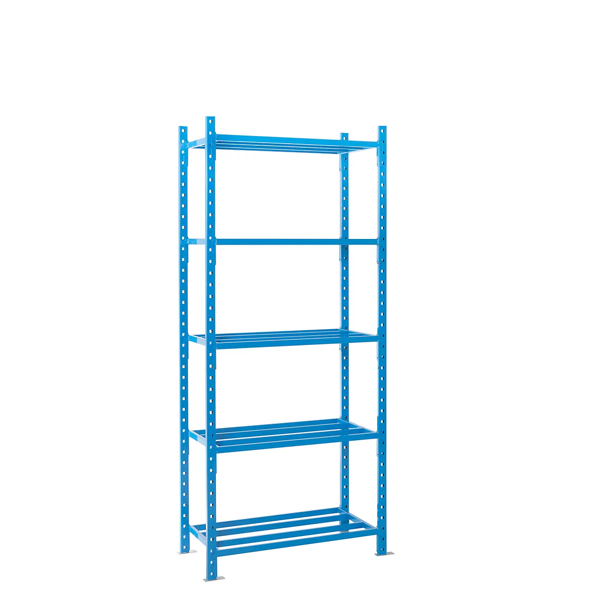 Blue metal shelving unit with 5 shelves against a white background. Sturdy construction, ideal for storage.