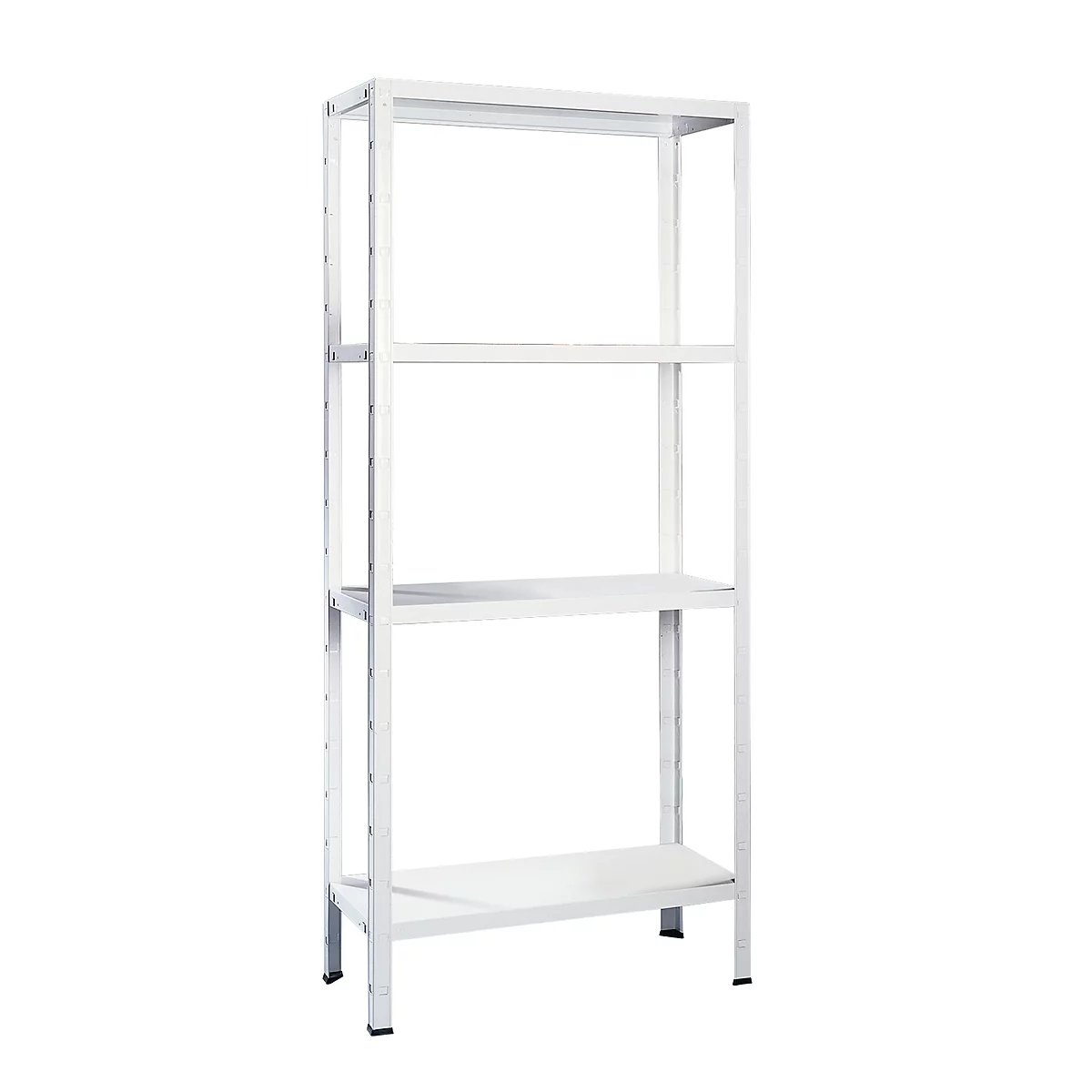 White shelf with four shelves on a white background.