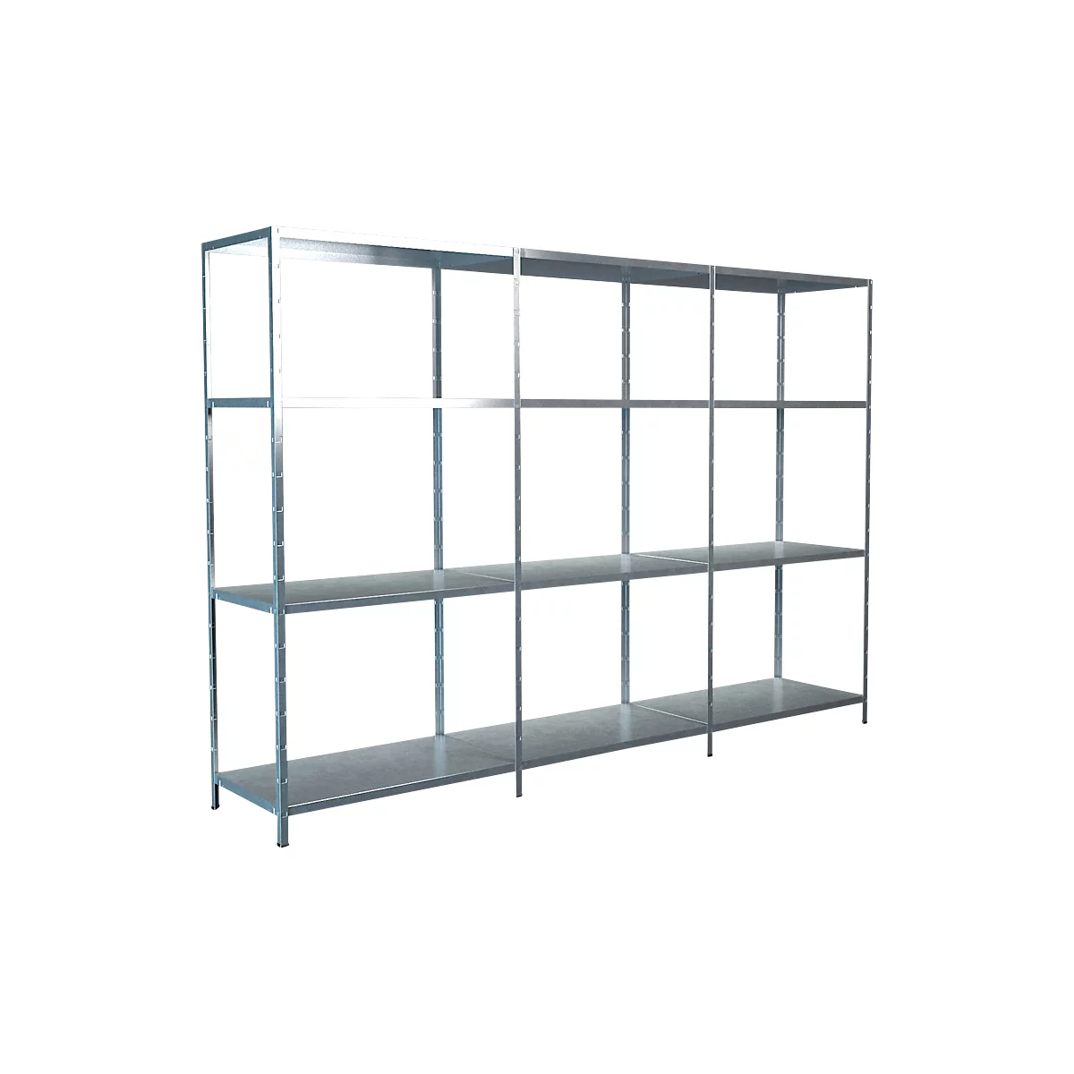 A metal shelving unit with multiple levels, against a neutral background. The shelves are empty.