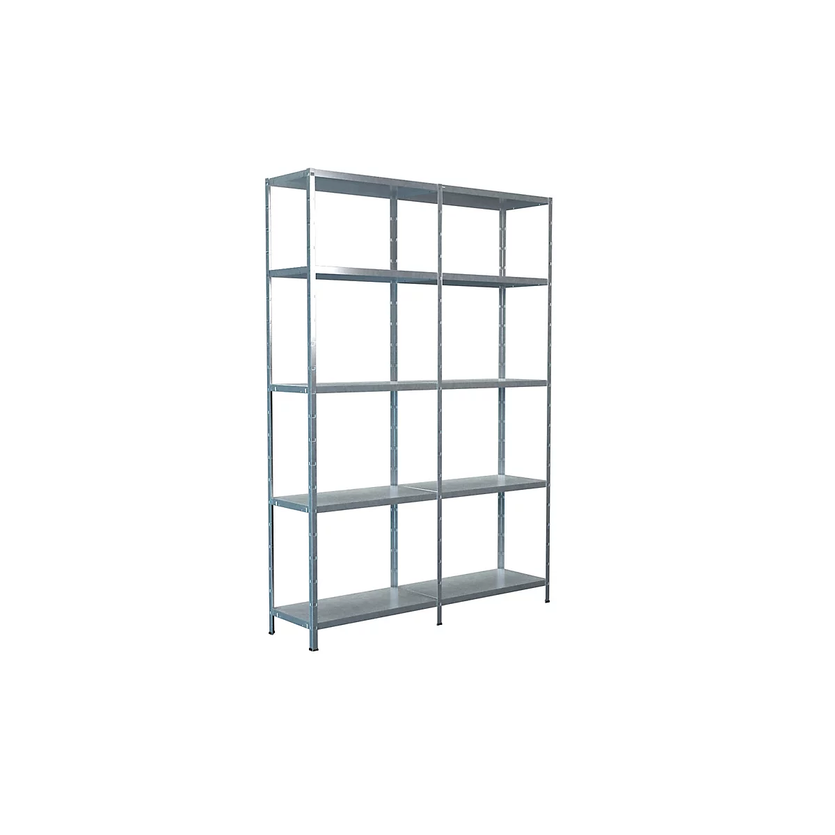 An open metal shelf with six levels against a white background. A practical storage furniture for various purposes.