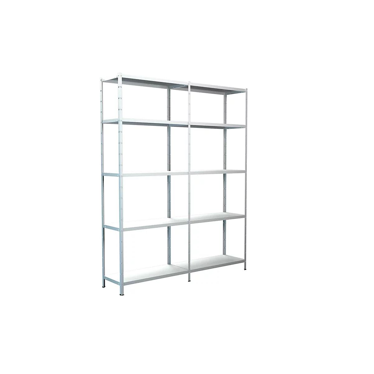 A bright, silver shelving unit with five levels against a white background.