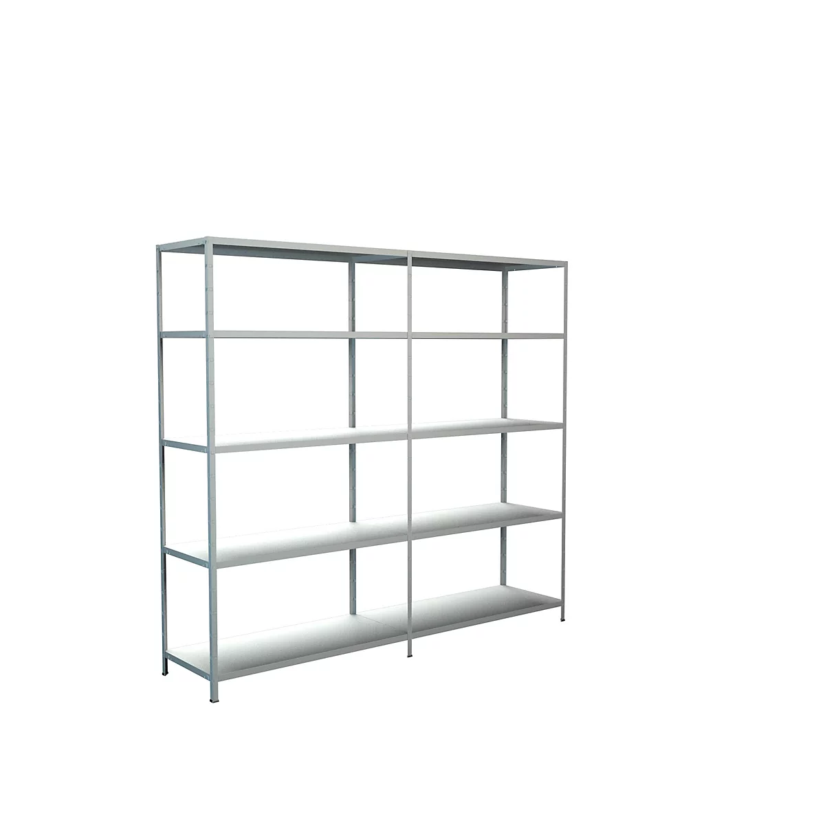 Grey, empty shelf against a white background. It has four shelves and metal supports.