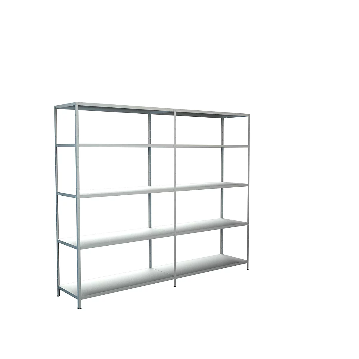 A freestanding, metal shelving system with five shelves. Light, minimalist design on a white background.