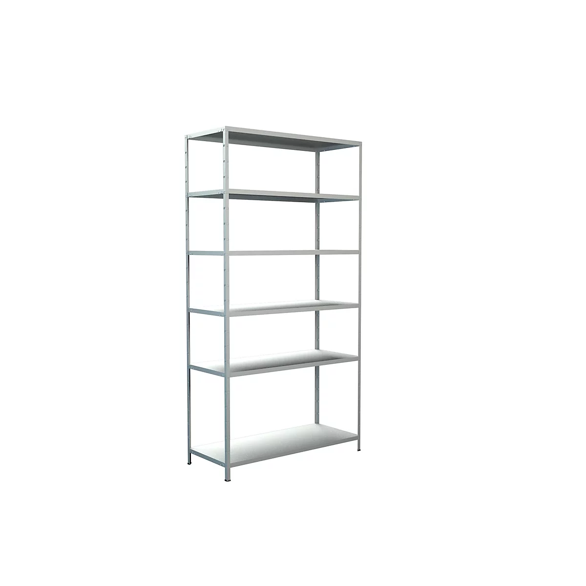 Gray, freestanding metal shelving unit with six shelves on a white background.