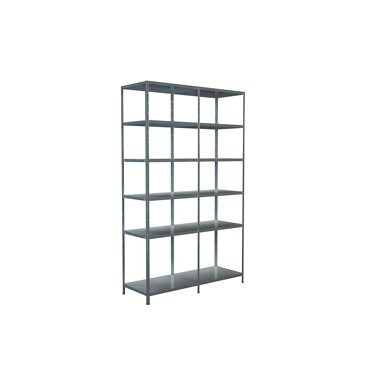 Gray metal shelf with six levels, standing on a white background.
