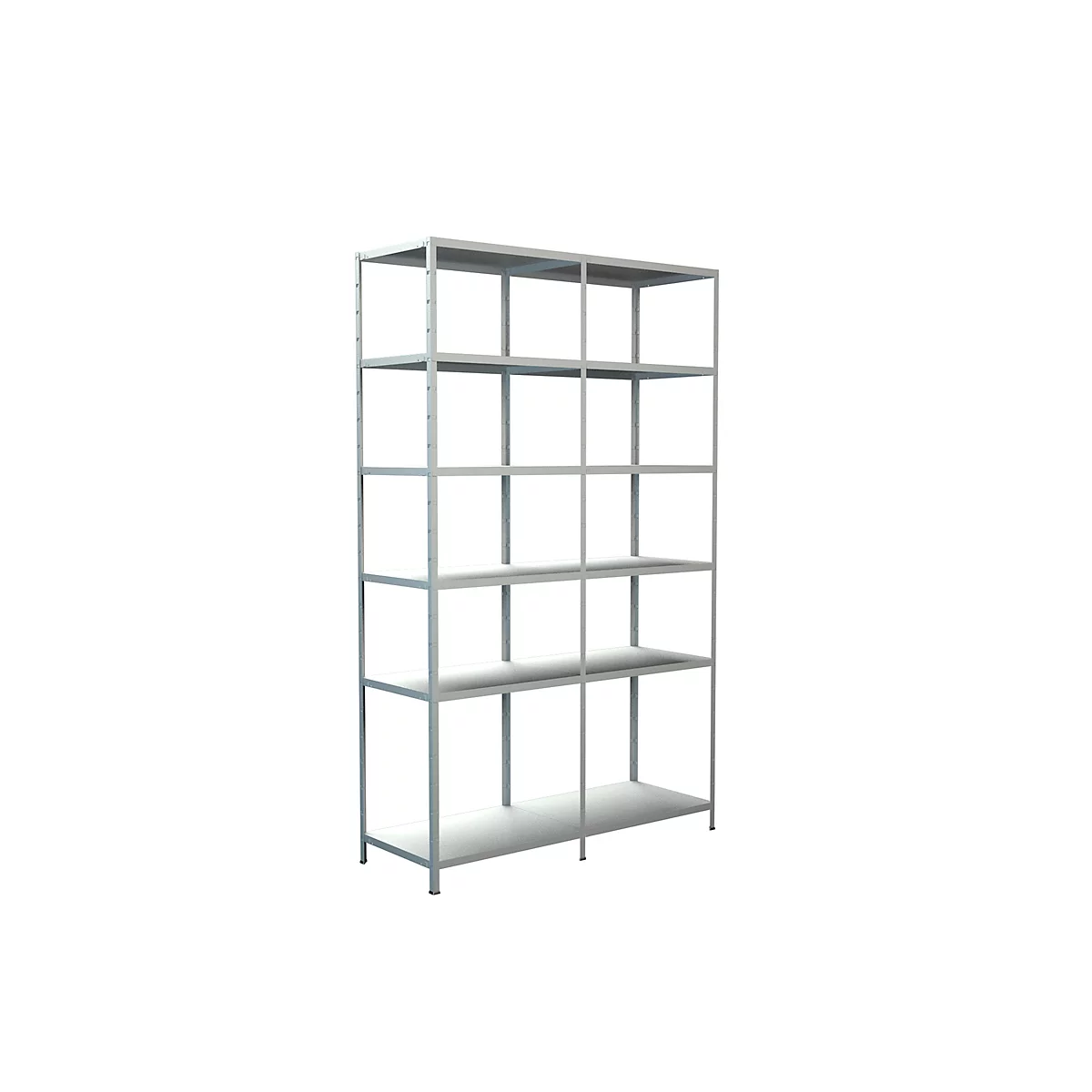 Metal shelving unit with 6 shelves. The silver construction stands against a white background.