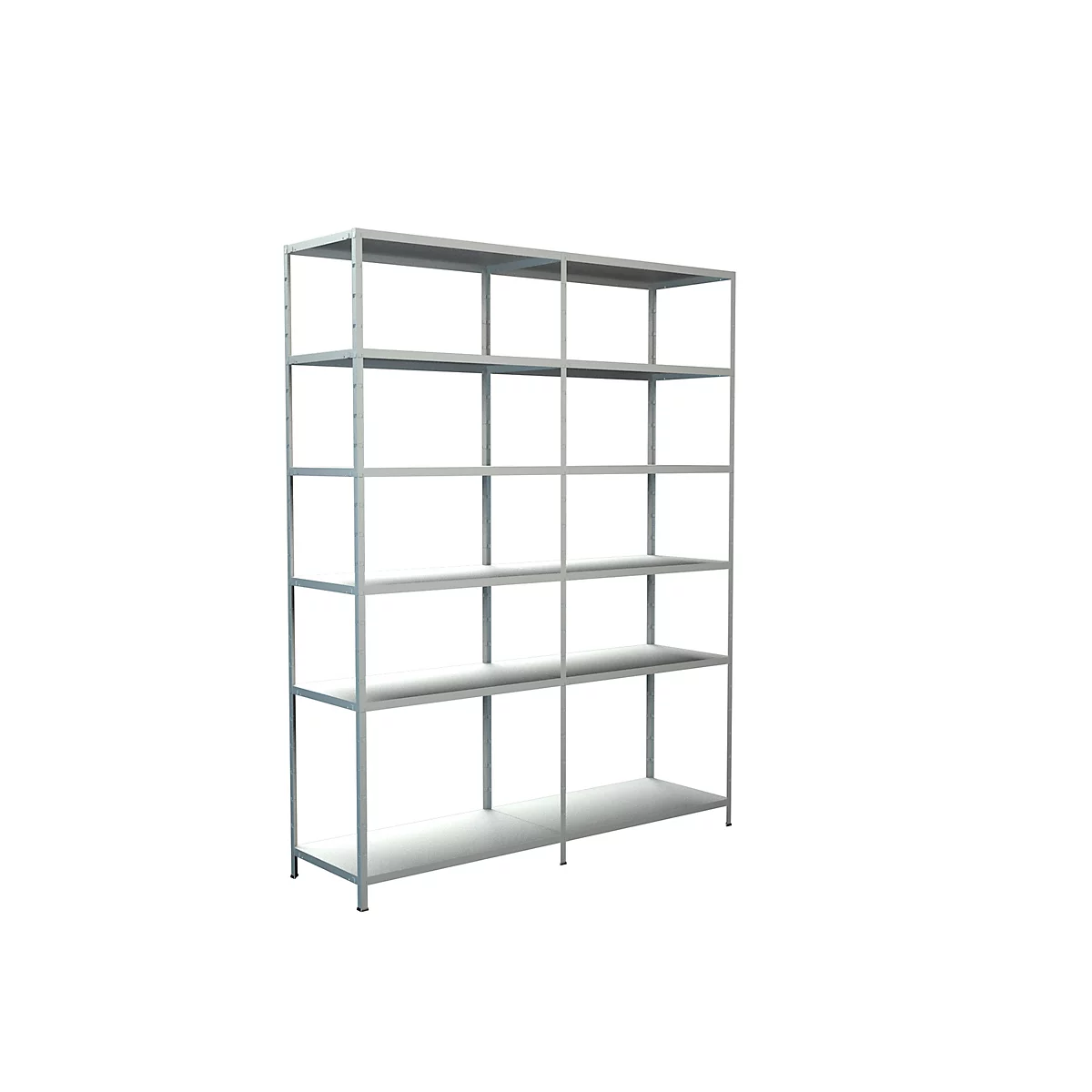 An empty, gray metal shelf with six levels in front of a white background.