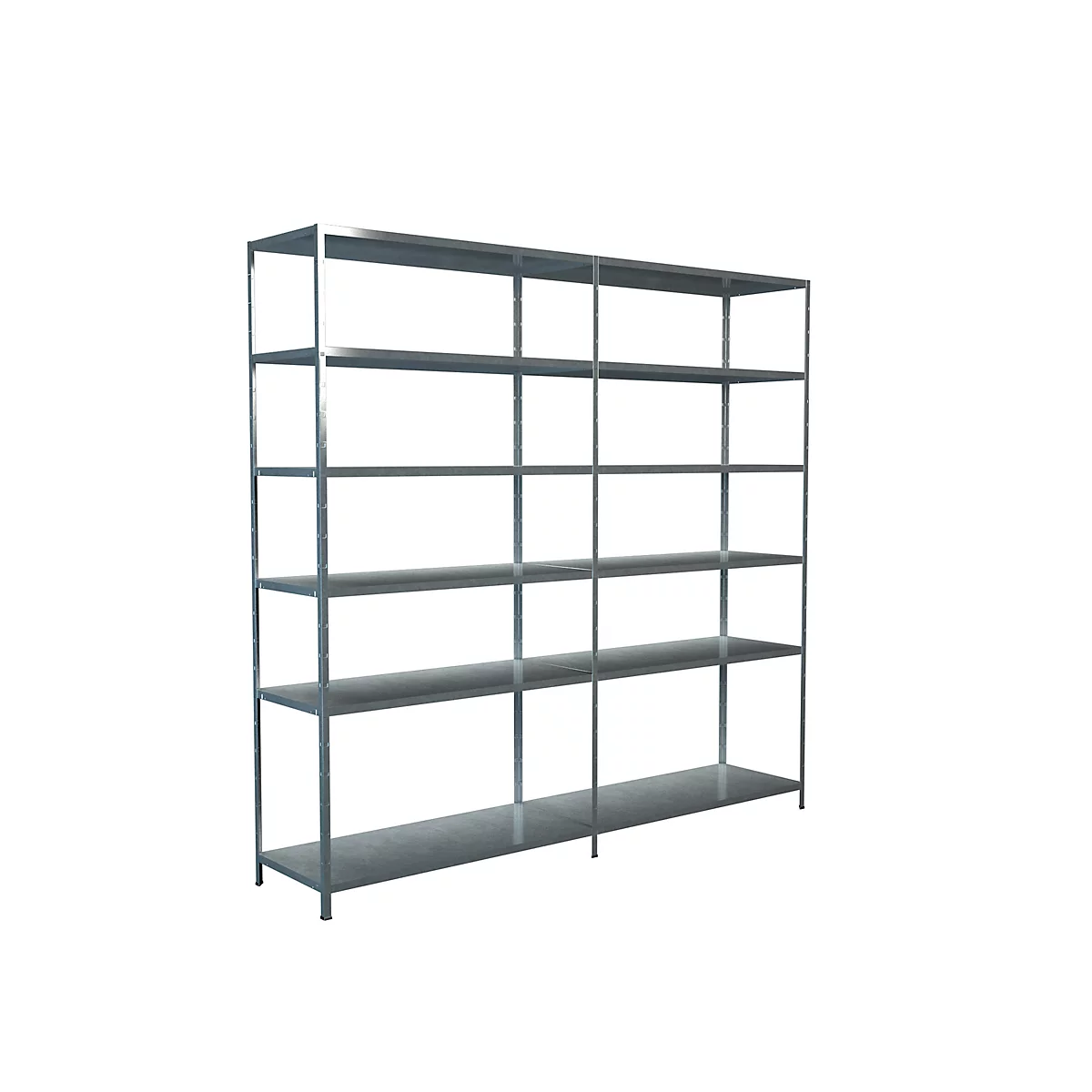 Metal shelving unit against a white background. Multiple horizontal shelves connected by vertical supports.