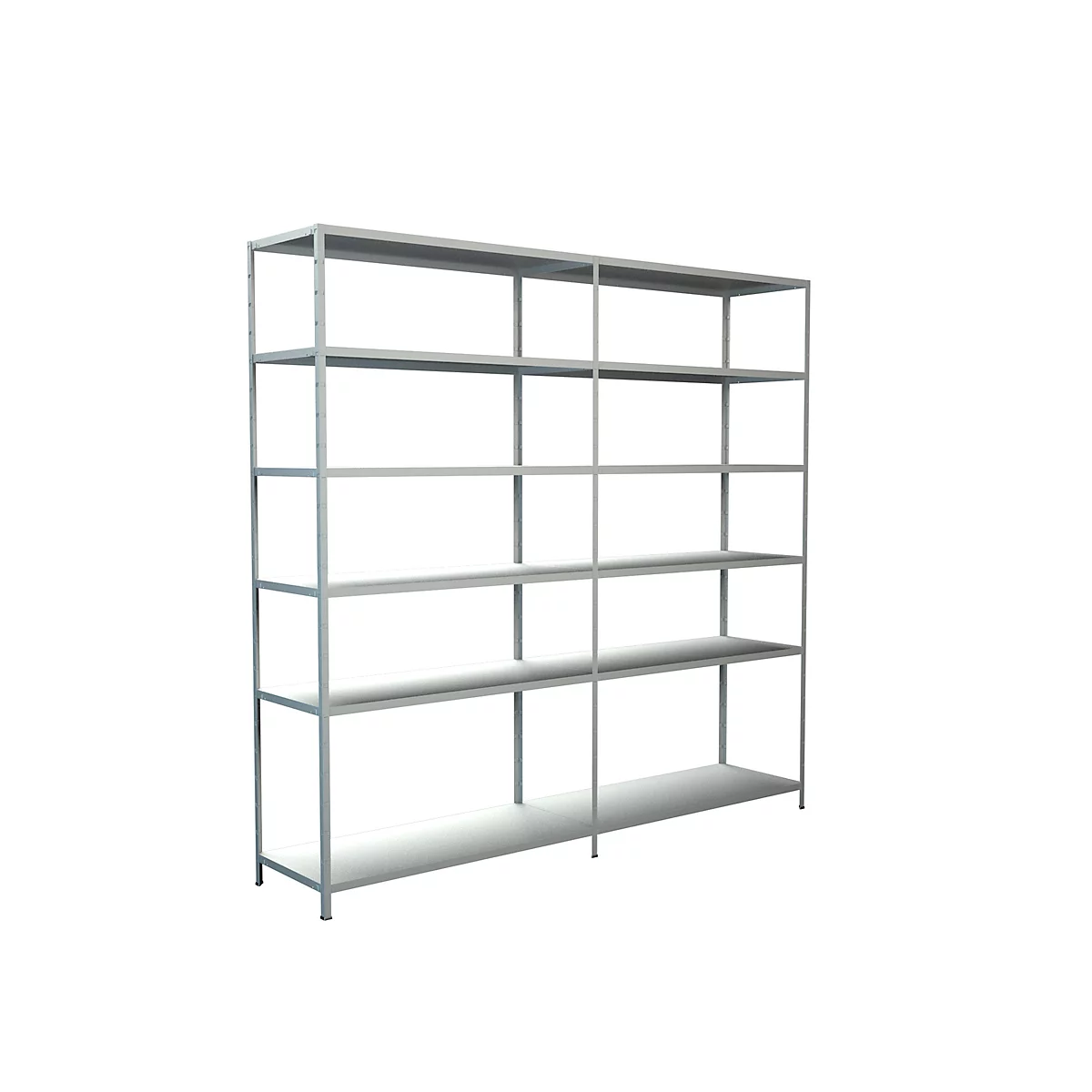 Grey metal shelving unit with six levels against a white background.