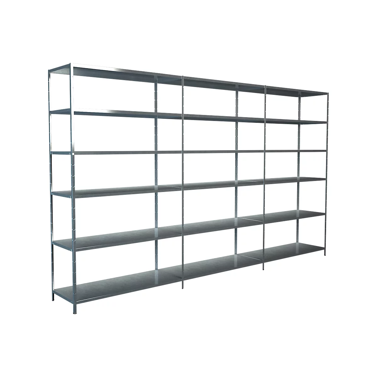 Large, gray metal shelving unit with multiple levels, set against a white background. Clear structure, ideal for storage.
