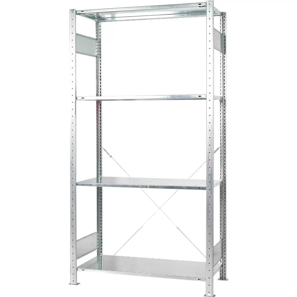 A silver metal shelf with four levels stands against a white background. It is empty.