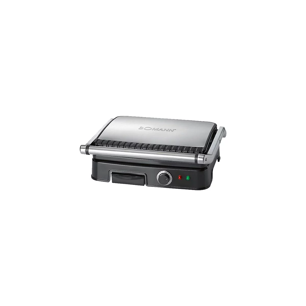 Elektrischer Kontaktgrill von Bomann mit silberner Edelstahl-Oberfläche und schwarzem Gehäuse vor weißem Hintergrund.