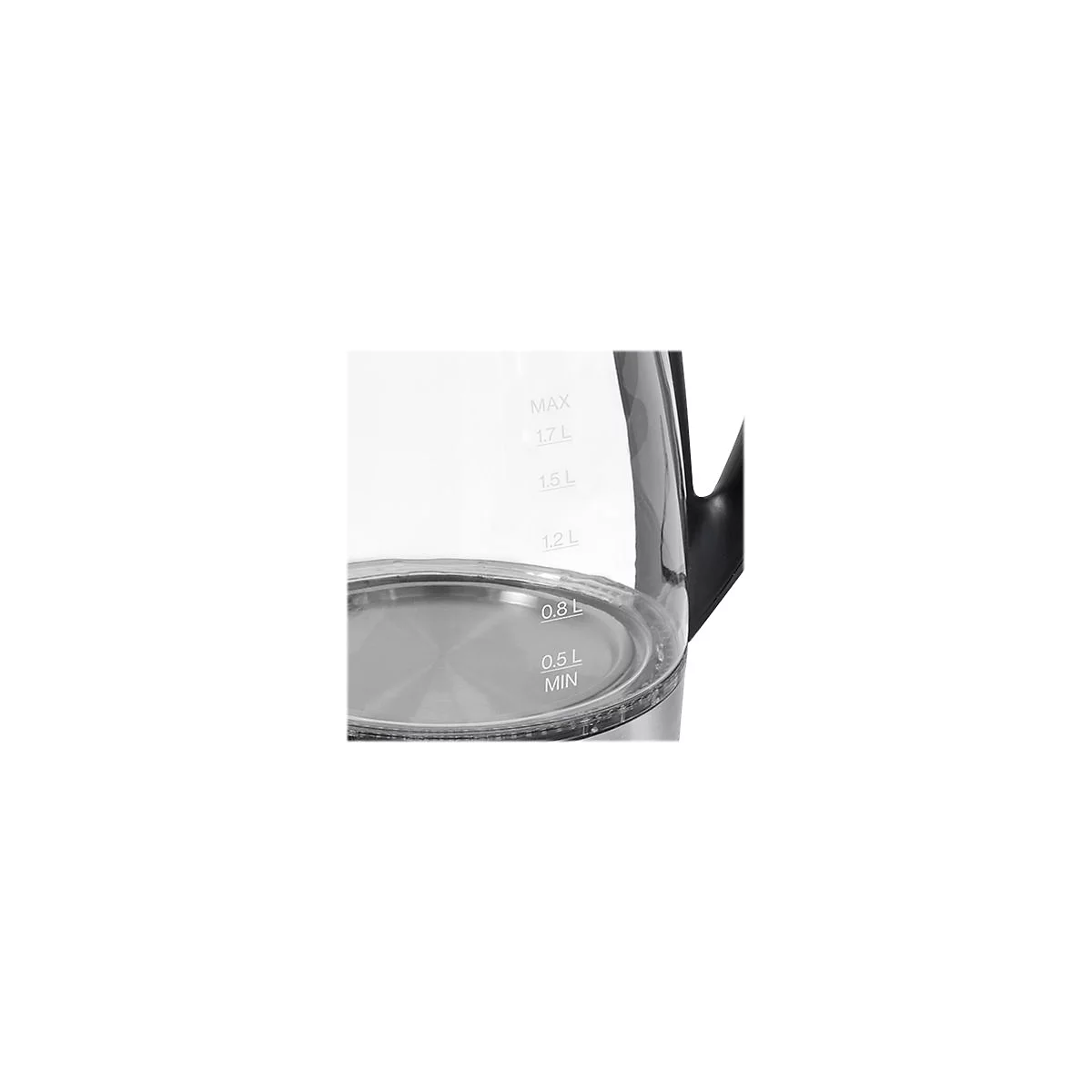 Nahaufnahme der Füllstandsanzeige eines Glaskessels mit Markierungen von 0,5 L bis 1,7 L.
