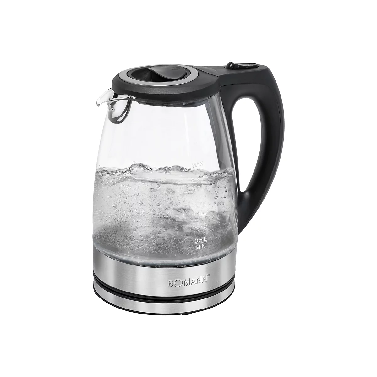 Moderner, durchsichtiger Wasserkocher aus Glas und Edelstahl mit kochendem Wasser vor weißem Hintergrund.