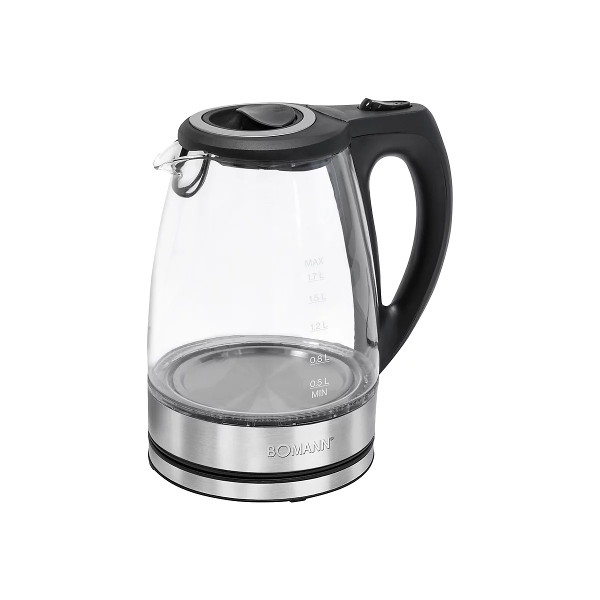 Elektrischer Glas-Wasserkocher von Bomann mit Edelstahlbasis und schwarzem Griff vor weißem Hintergrund.