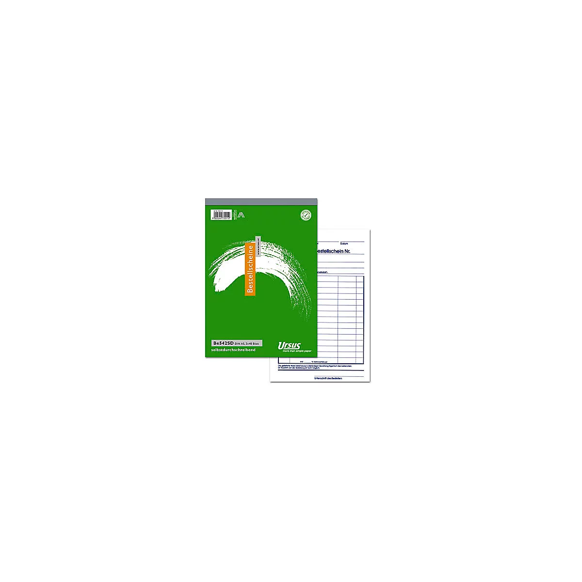 Carnet de bons de commande vert avec un coup de pinceau blanc. À côté, un seul bon de commande.
