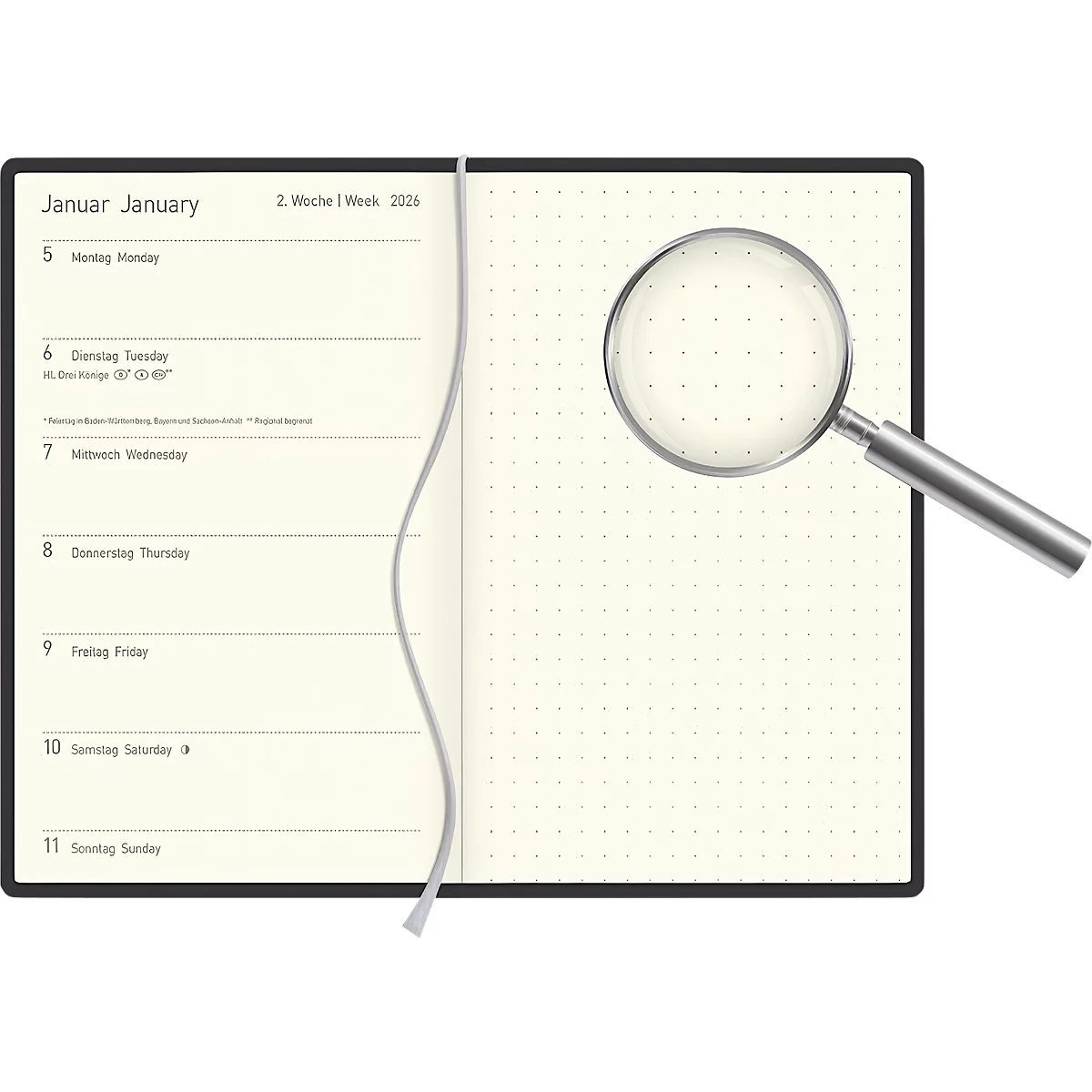 Opened notebook with a magnifying glass. The pages have a calendar. January and KW 2 are written at the top. The magnifying glass is on the empty page.