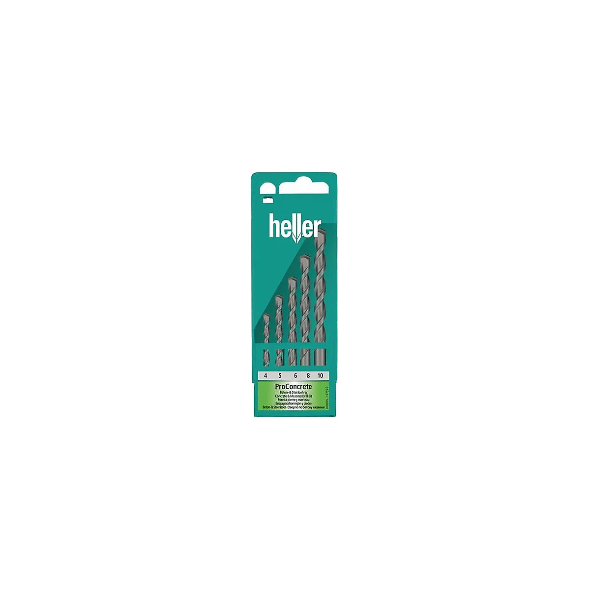 Set ProConcrete beton- en metselwerkboren. Vijf boren met verschillende diameters, gerangschikt in een groene verpakking, logo: Heller.