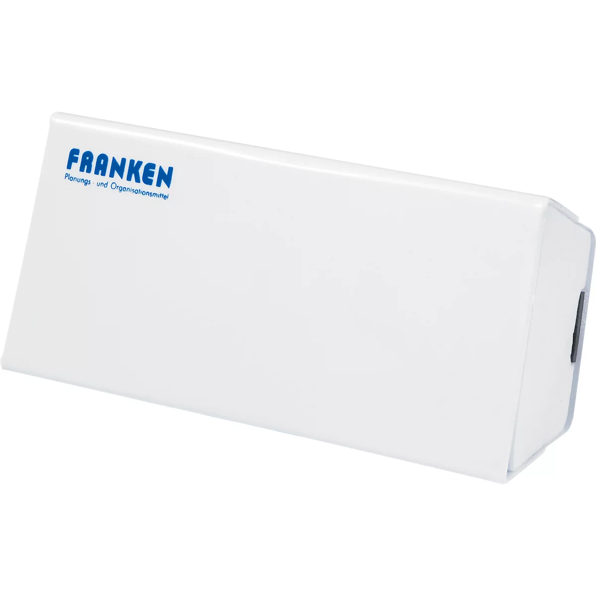 Wit whiteboard van Franken, blauwe letters. Schuine weergave.