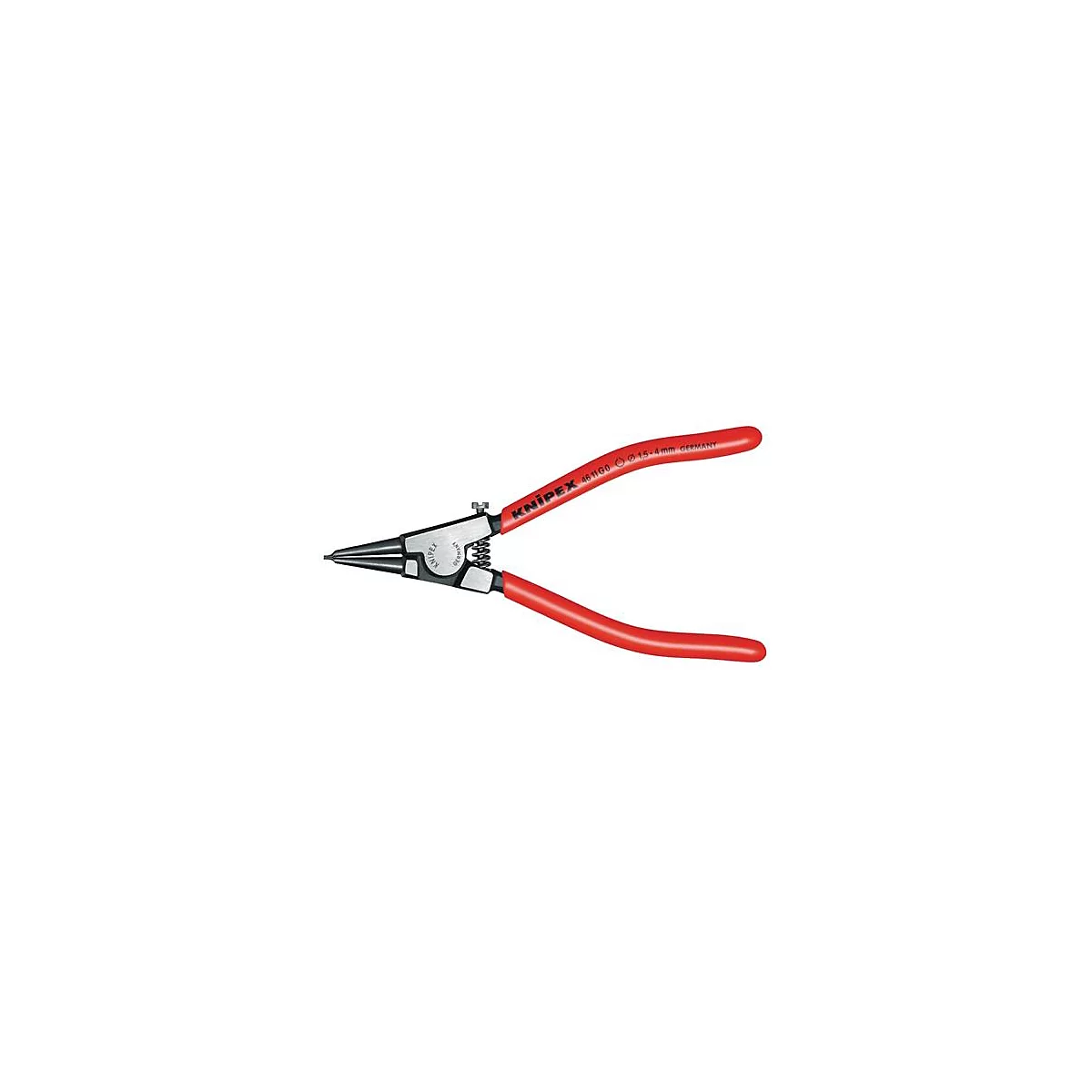 Rode tang, merk KNIPEX, ligt open tegen een neutrale achtergrond. Zwarte punten, zilveren middendeel, rode handgreep.