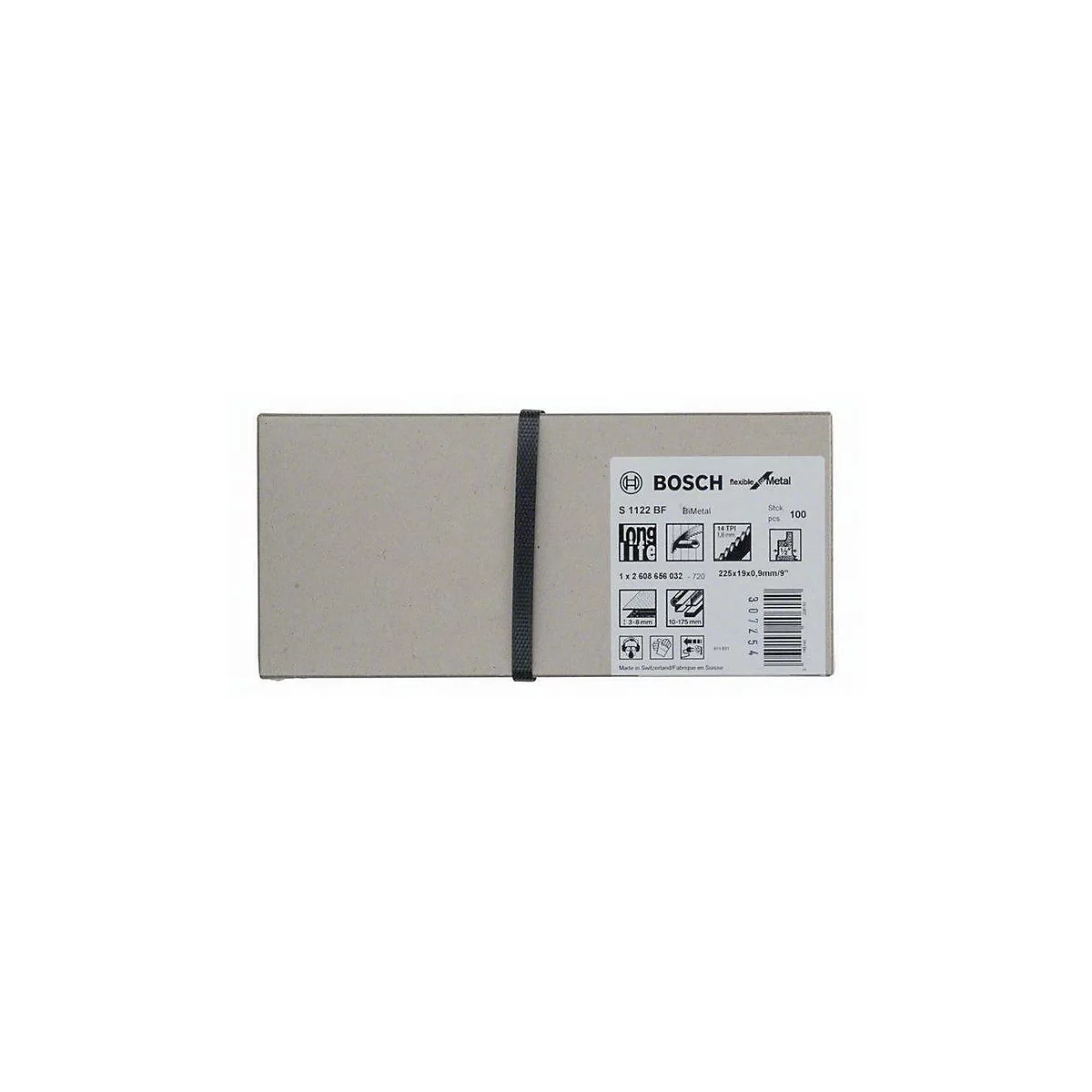 Emballage de lames de scie Bosch, avec informations sur le produit et une bande de caoutchouc noire.