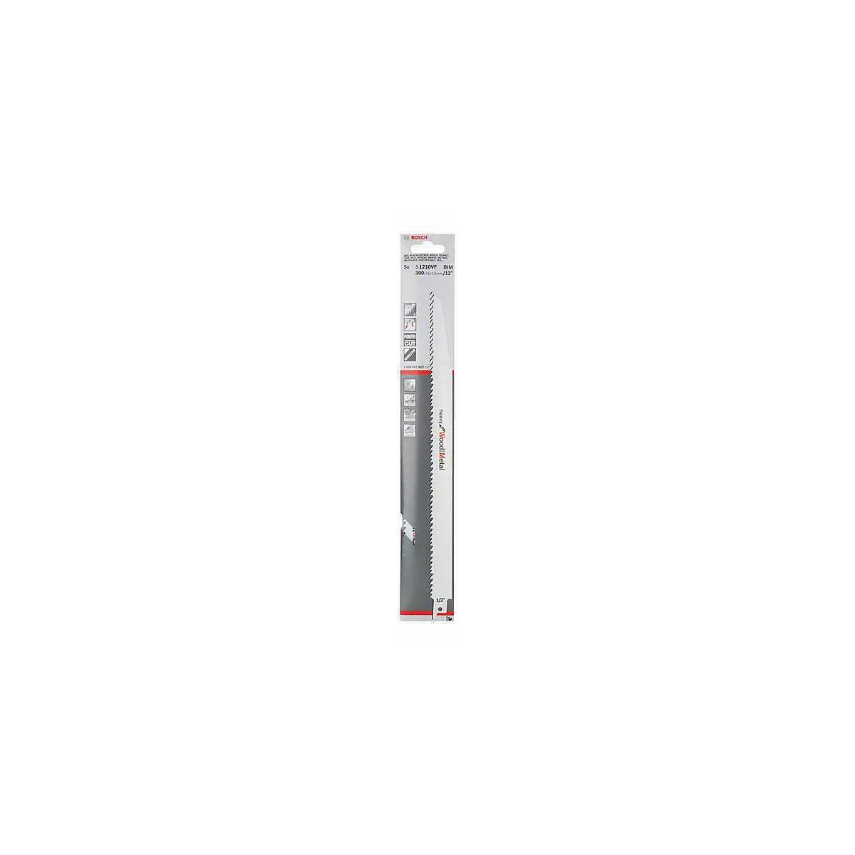 Lame de scie sur fond blanc, marque Bosch. Boîte grise avec éléments rouges. Informations sur le produit et structure des dents de scie visibles.