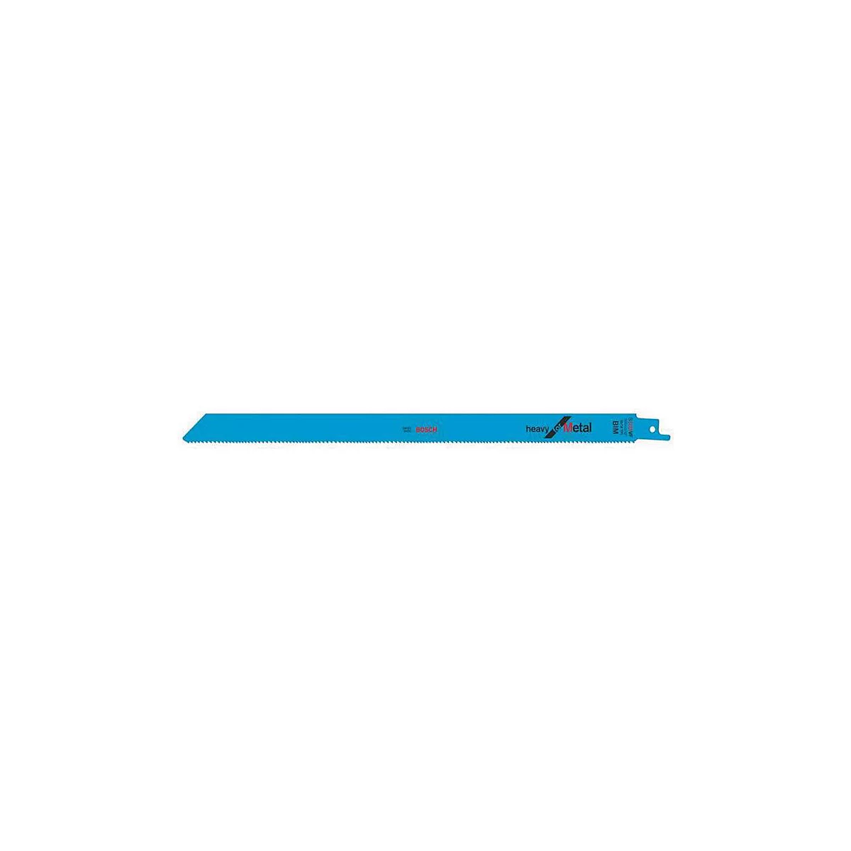 Lame de scie sabre bleu turquoise avec bord dentelé, logo Bosch et inscription Heavy Metal.