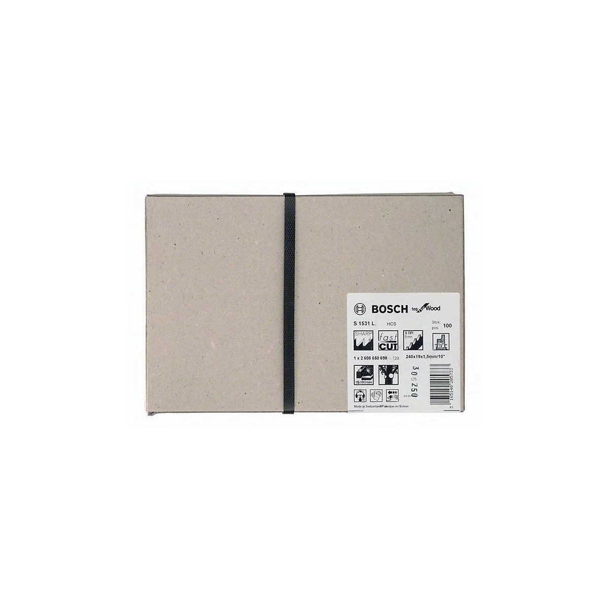 Emballage de produit Bosch, rectangulaire, marron clair, avec bande élastique noire. Étiqueté : Bosch, S 1531 L.