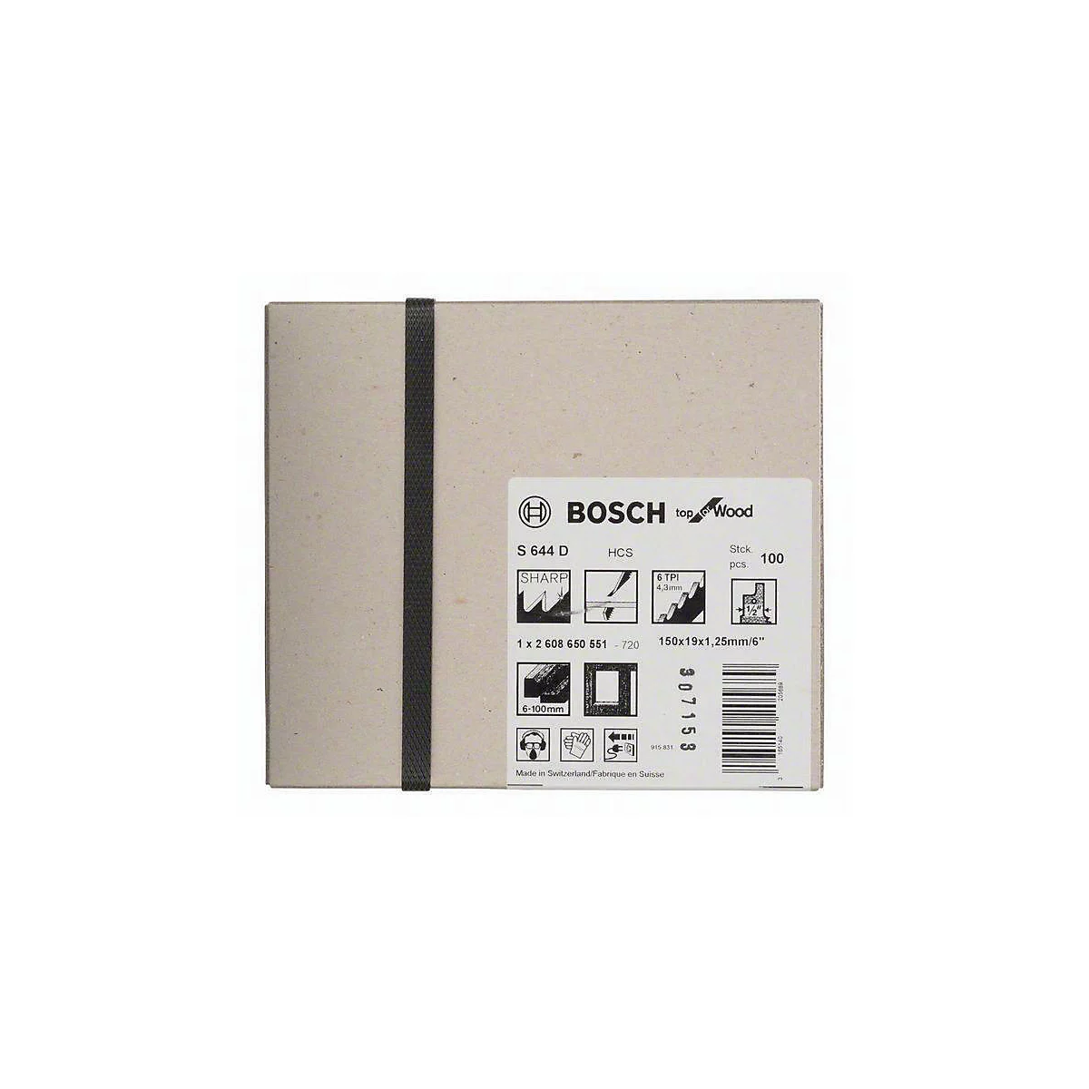 Eine Holzbearbeitungs-Sägeblattpackung mit schwarzem Band. Auf dem Etikett steht "BOSCH Top Wood", daneben technische Daten.