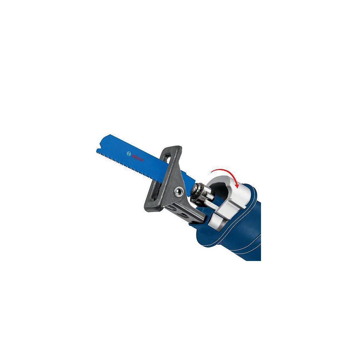 Nahaufnahme einer blauen Sägeblattbefestigung. Der Name "Bosch" ist lesbar.