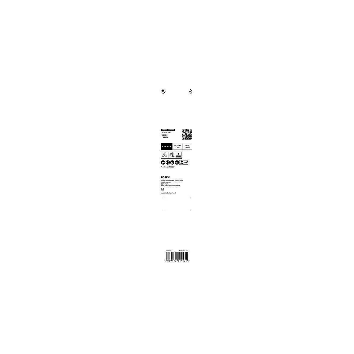 Etikett mit Produktinformationen und QR-Code. Firmenlogo BOSCH, technische Details, Barcode.