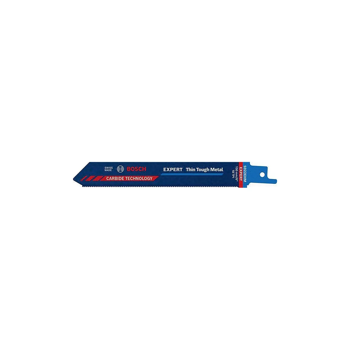 Eine blaue Sägeblatt von Bosch. Auf dem Blatt stehen die Schriftzüge "EXPERT", "Thin Tough Metal", "CARBIDE TECHNOLOGY" und das Bosch Logo.