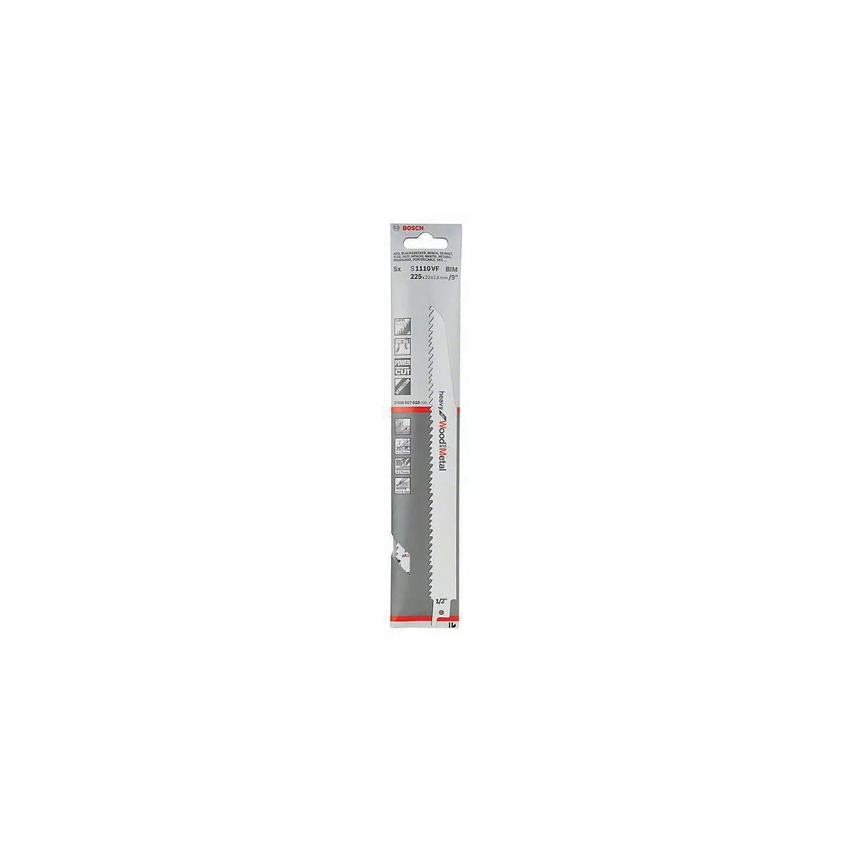 Sägeblatt in Verpackung, Marke Bosch. Aufgedruckte Schrift: "heavy WoodMetal", Modell: S 1110 VF BIM.