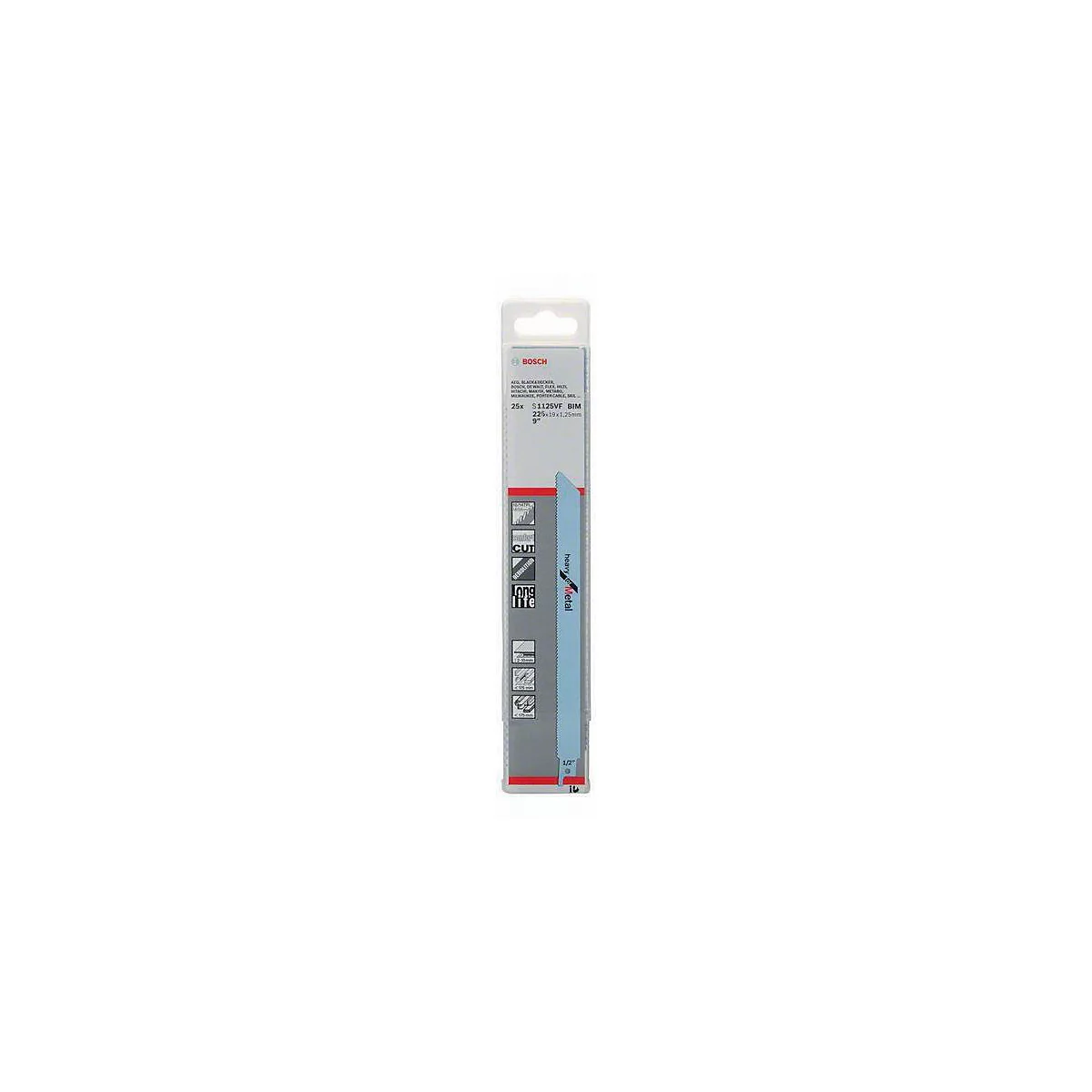 Sägeblatt in Blisterverpackung, hellblaues Blatt mit schwarzer Schrift, BOSCH-Logo.