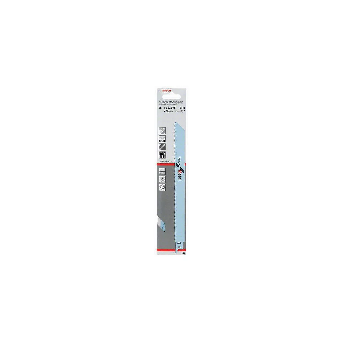 Sägeblatt in Packung, blau, "Heavy Metal", mit Aufdrucken.