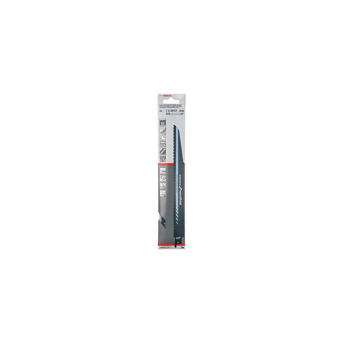 Sägeblatt mit gezackter Kante, in Verpackung mit Bosch-Logo. Produktbezeichnung und andere Informationen sind aufgedruckt.