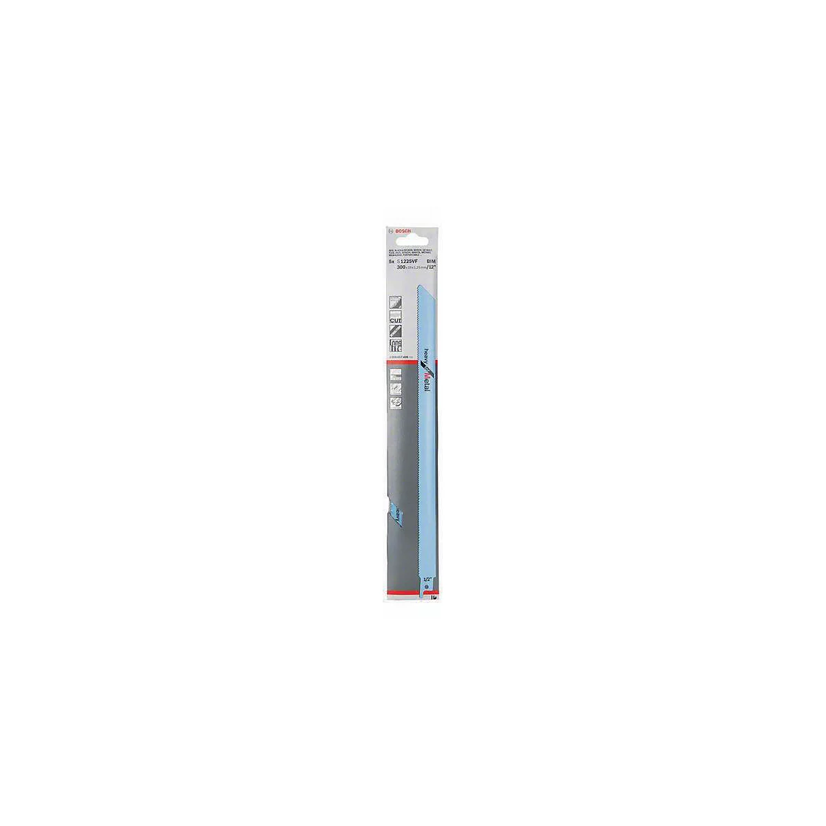 Sägeblatt in Blisterverpackung, blaues Blatt mit Beschriftung. Verpackung mit Logo und Produktdetails.