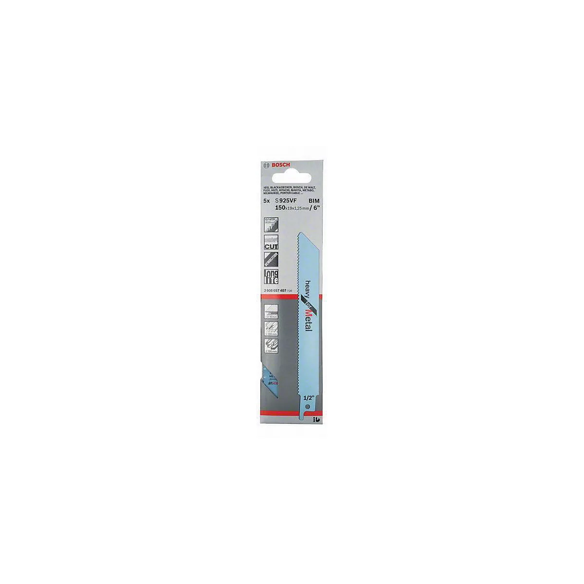 Pakung von 5 Sägeblättern für Metall. Blaue Sägeblätter, Heavy Metal beschriftet. Verpackung mit Produktinformationen.