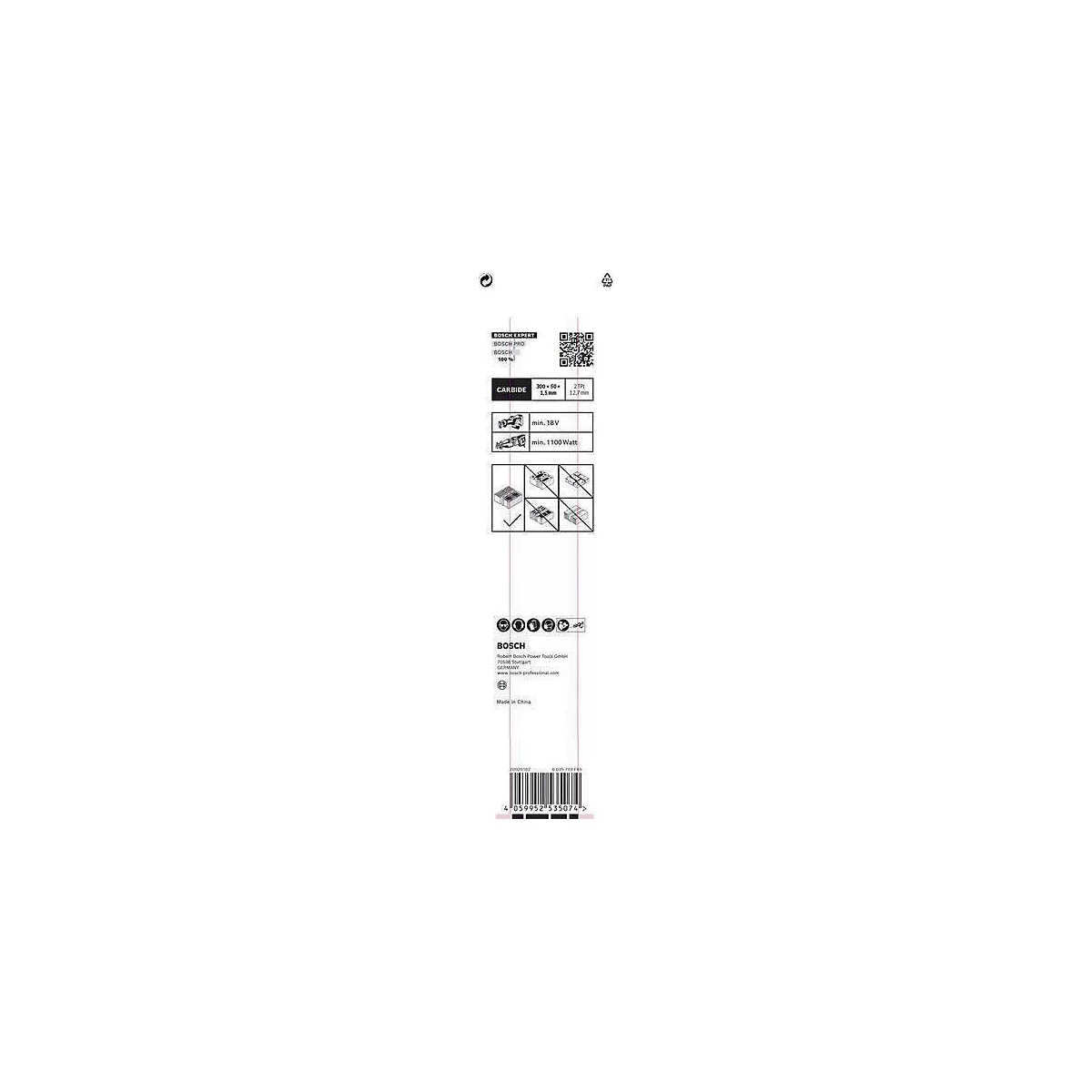 Weiße Produktverpackung mit Text. Bosch Expert-Produkt, Informationen zu Abmessungen und Stromversorgung.
