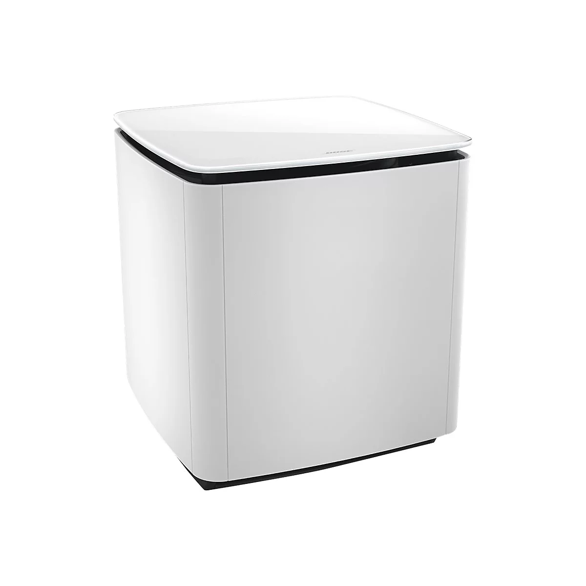 Weißer, quadratischer Bose Bass Lautsprecher mit glänzender Glasoberfläche vor weißem Hintergrund.