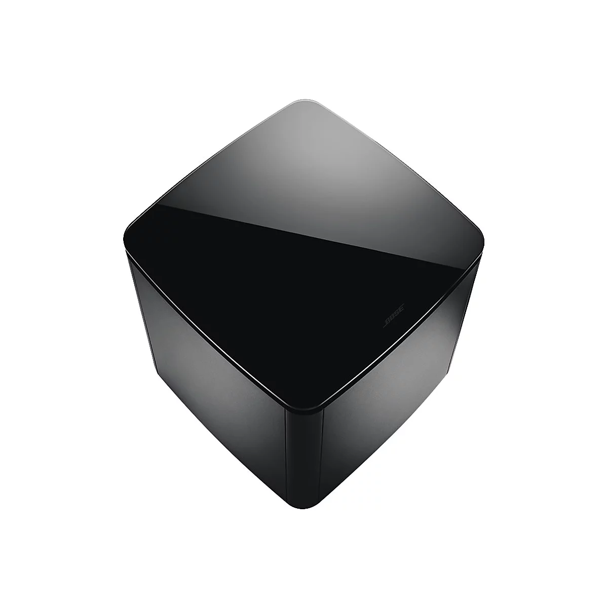 Schwarzer, würfelförmiger Bose Subwoofer mit glänzender Oberfläche aus der Vogelperspektive.