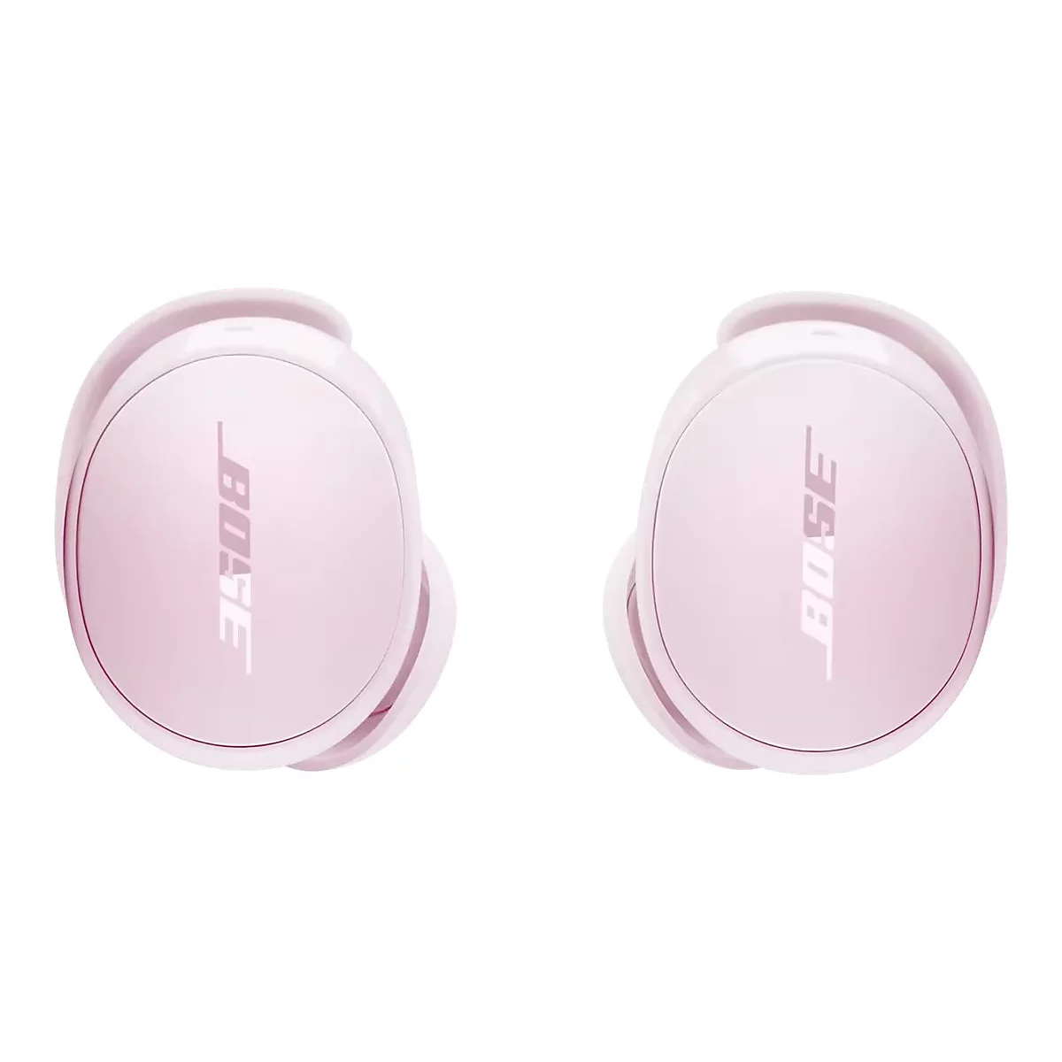 Zwei hellrosa Bose In-Ear-Kopfhörer vor weißem Hintergrund mit gut sichtbarem Bose-Logo.