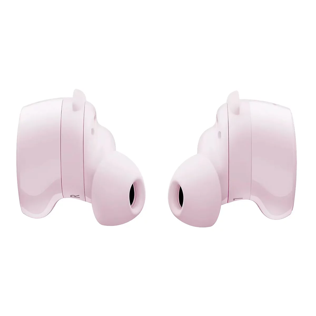 Zwei hellrosa In-Ear-Kopfhörer vor weißem Hintergrund, seitlich ausgerichtet.