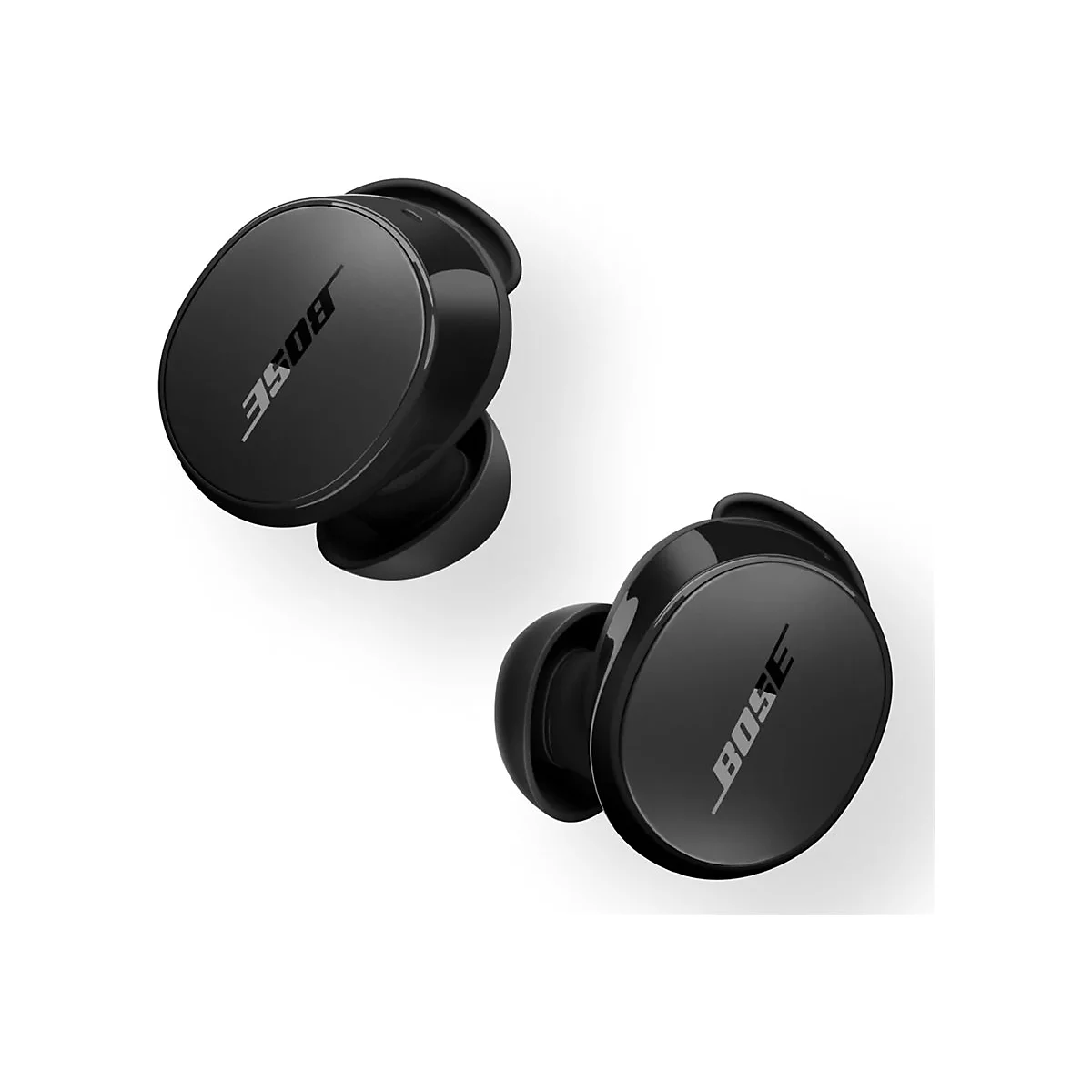 Zwei schwarze, kabellose In-Ear-Kopfhörer von Bose mit rundem Design auf weißem Hintergrund.