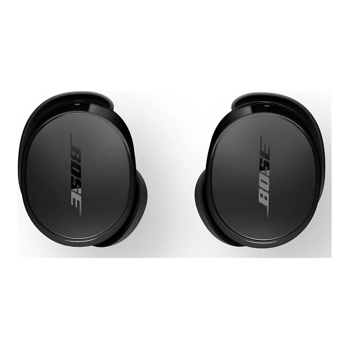 Zwei schwarze Bose In-Ear-Kopfhörer vor weißem Hintergrund mit gut sichtbarem Bose-Logo.