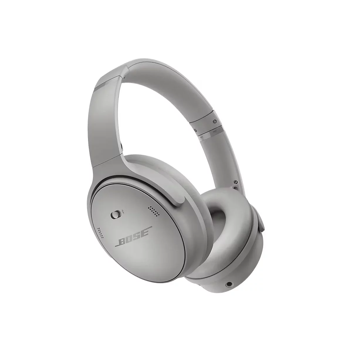 Graue Bose Noise-Cancelling-Kopfhörer vor weißem Hintergrund.