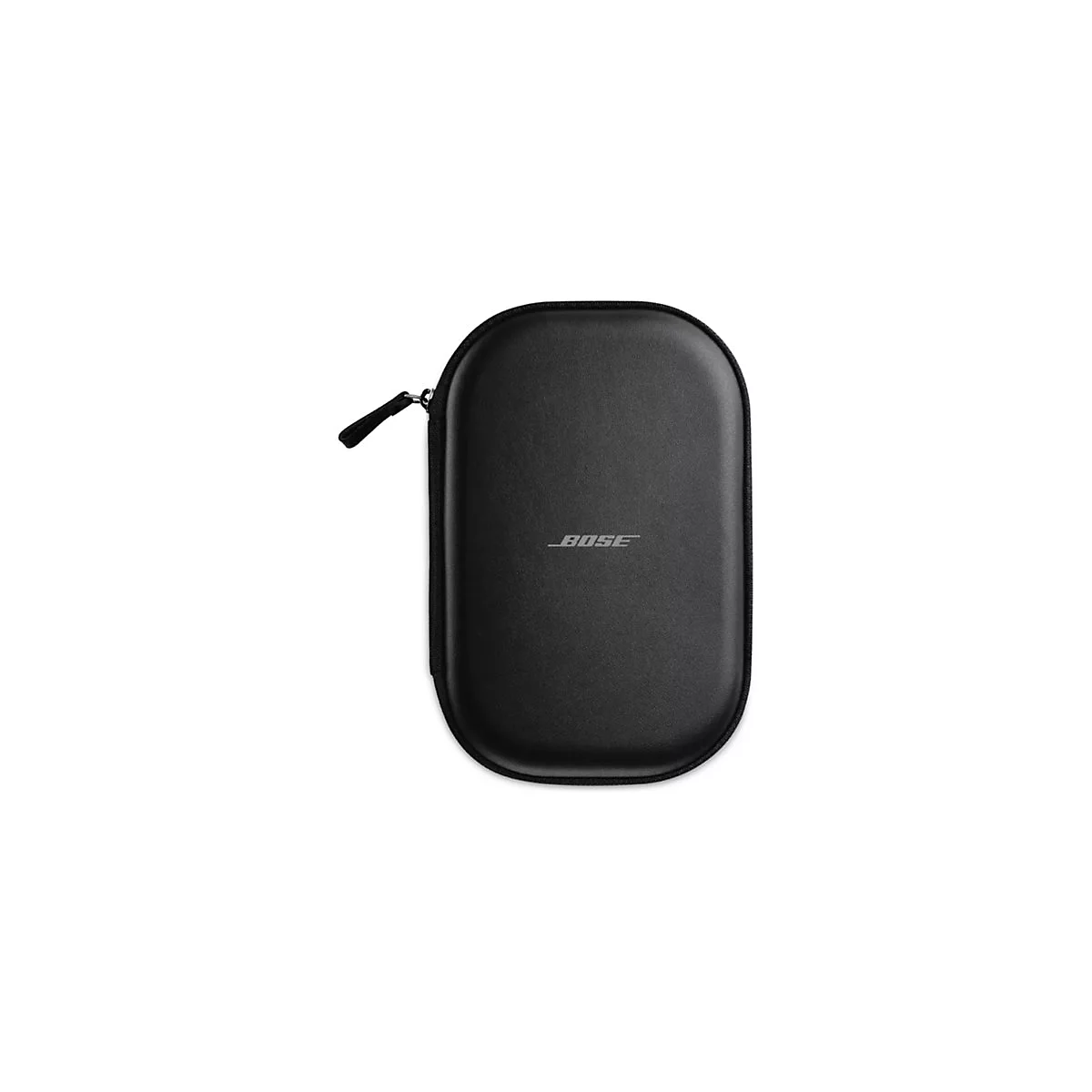 Schwarze, ovale KopfhÃ¶rertasche. Das Bose-Logo ist mittig zu sehen. Ein ReiÃŸverschluss verlÃ¤uft entlang der Oberseite und Seite.
