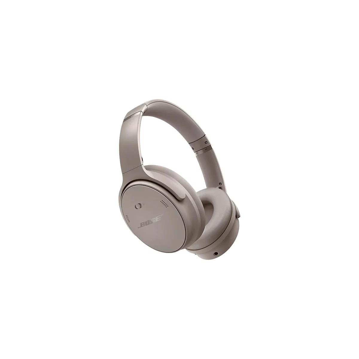 Beige Bose Bluetooth-Kopfhörer vor weißem Hintergrund.